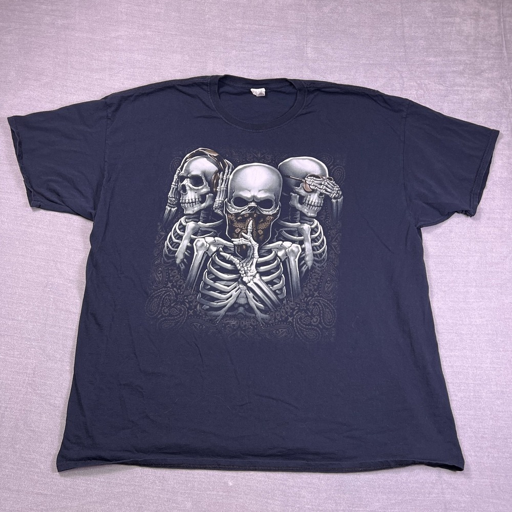 Fruit of the Loom No Evil Skull Graphic Crew Neck T-Shirt Mens 3XL Black Cotton